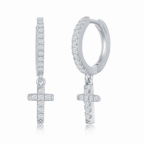Sterling Silver Small Huggie Hoop CZ Cross Earrings