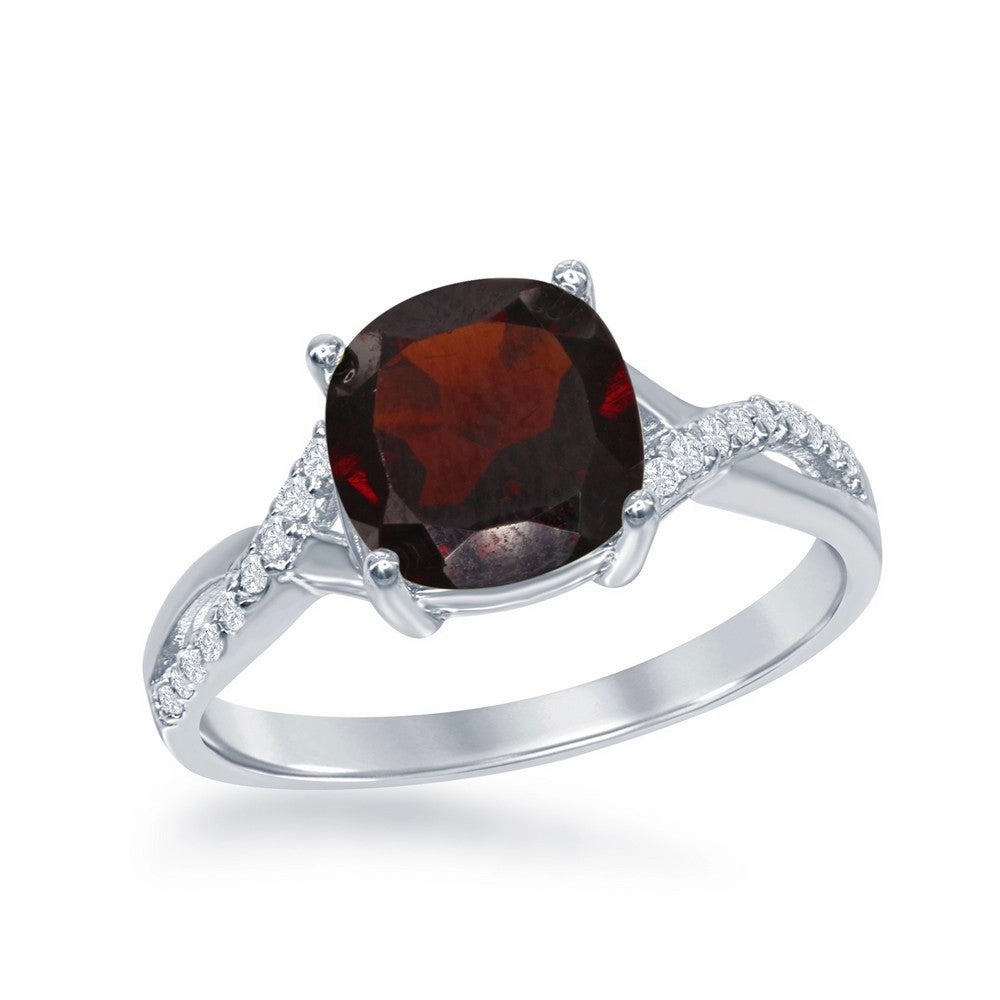 Sterling Silver Small Square Garnet with White Topaz on Side Ring - W-1680