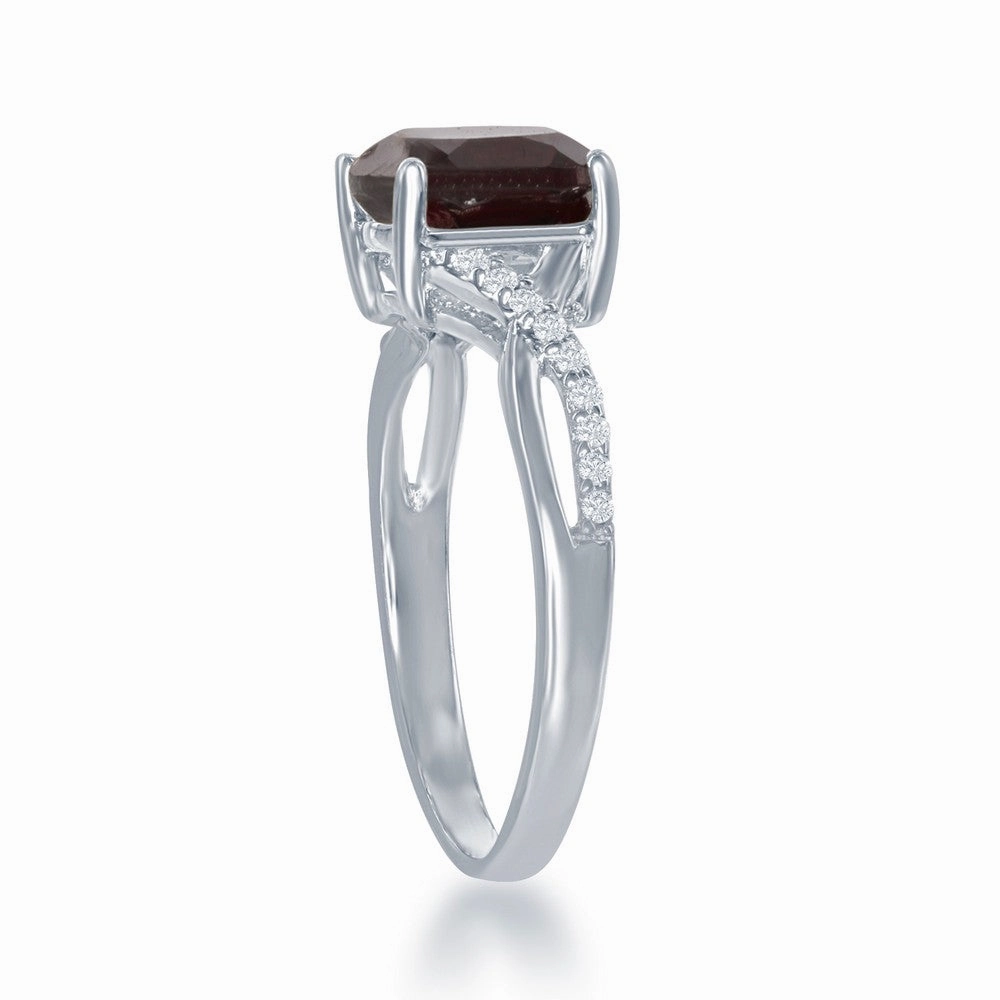 Sterling Silver Small Square Garnet with White Topaz on Side Ring - W-1680