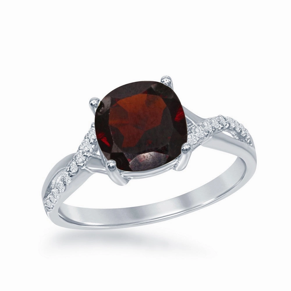 Sterling Silver Small Square Garnet with White Topaz on Side Ring - W-1680