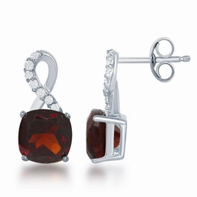 Sterling Silver Small Square Garnet with White Topaz on Top Earrings