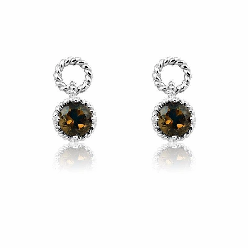 Sterling Silver Smokey Topaz Gemstone Twisted Wire Circle Earrings