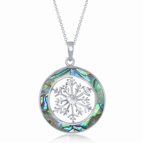 Sterling Silver Snowflake Round Pendant With Chain - Abalone