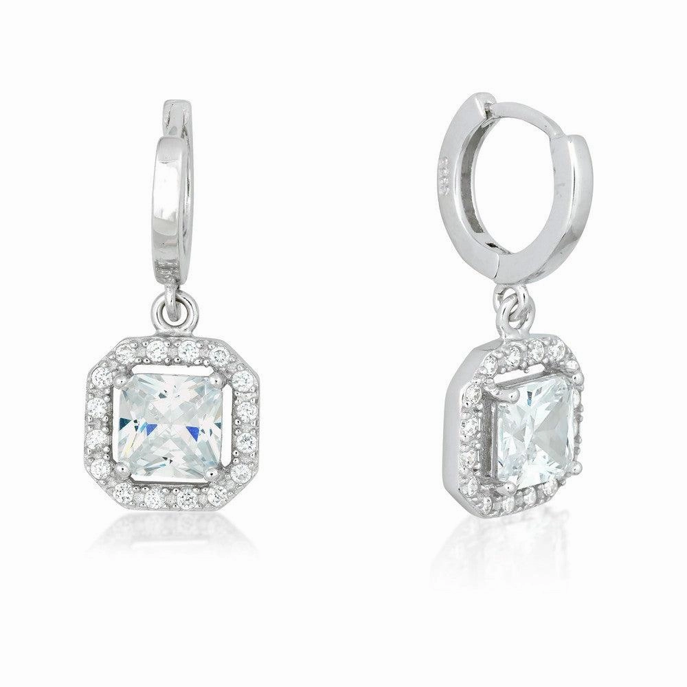 Sterling Silver Square Dangling Clear Pave Earrings
