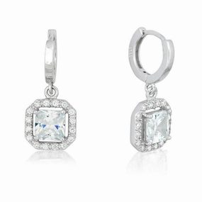 Sterling Silver Square Dangling Clear Pave Earrings