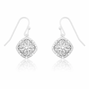 Sterling Silver Square Disc Flower Diamond Earrings