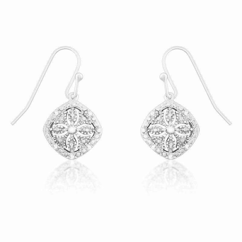 Sterling Silver Square Disc Flower Diamond Earrings