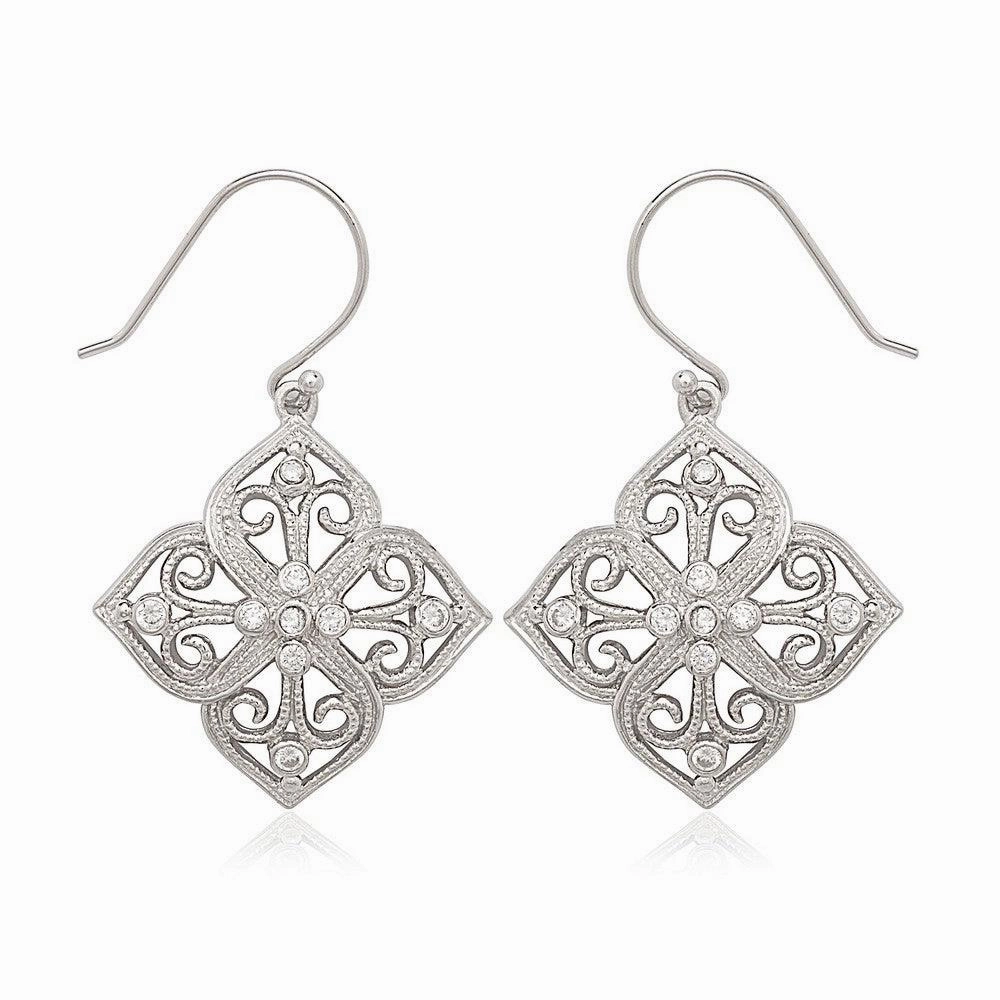 Sterling Silver Square Fancy Design CZ Earrings