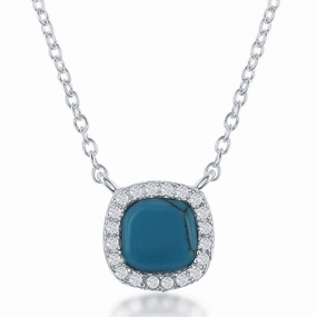 Sterling Silver Square Turquoise with CZ Border Necklace