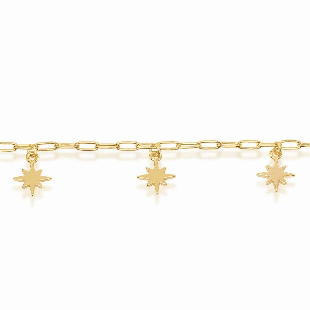 Sterling Silver Starburst Charms Paperclip Anklet - Gold Plated