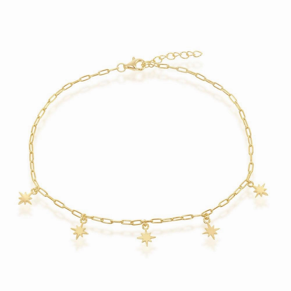 Sterling Silver Starburst Charms Paperclip Anklet - Gold Plated