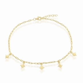Sterling Silver Starburst Charms Paperclip Anklet - Gold Plated