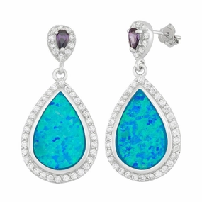 Sterling Silver Tear Shaped Opal with CZs Earrings