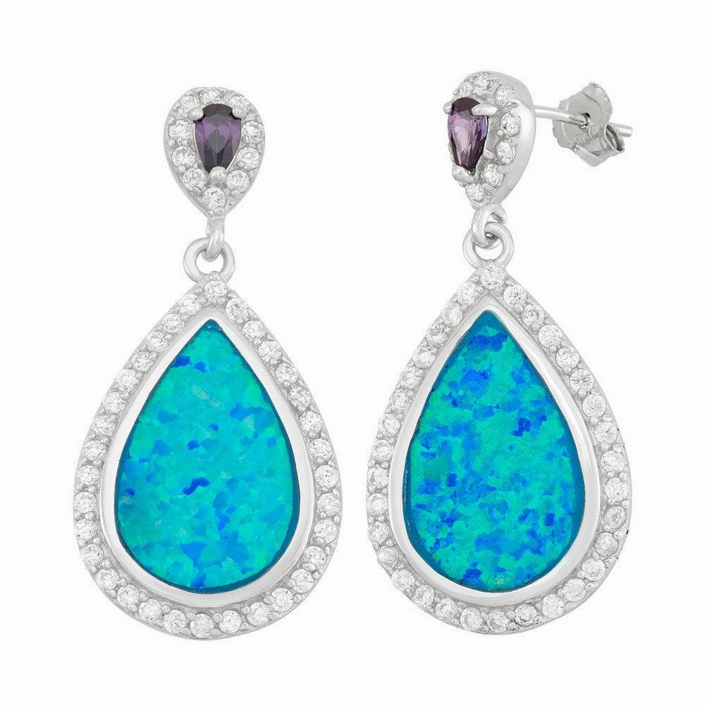 Sterling Silver Tear Shaped Opal with CZs Earrings