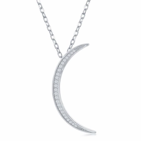 Sterling Silver Thin CZ Crescent Moon Pendant