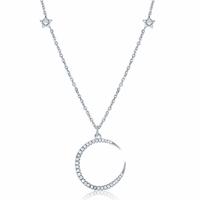 Sterling Silver Thin CZ Crescent with Small CZ Stars Necklace