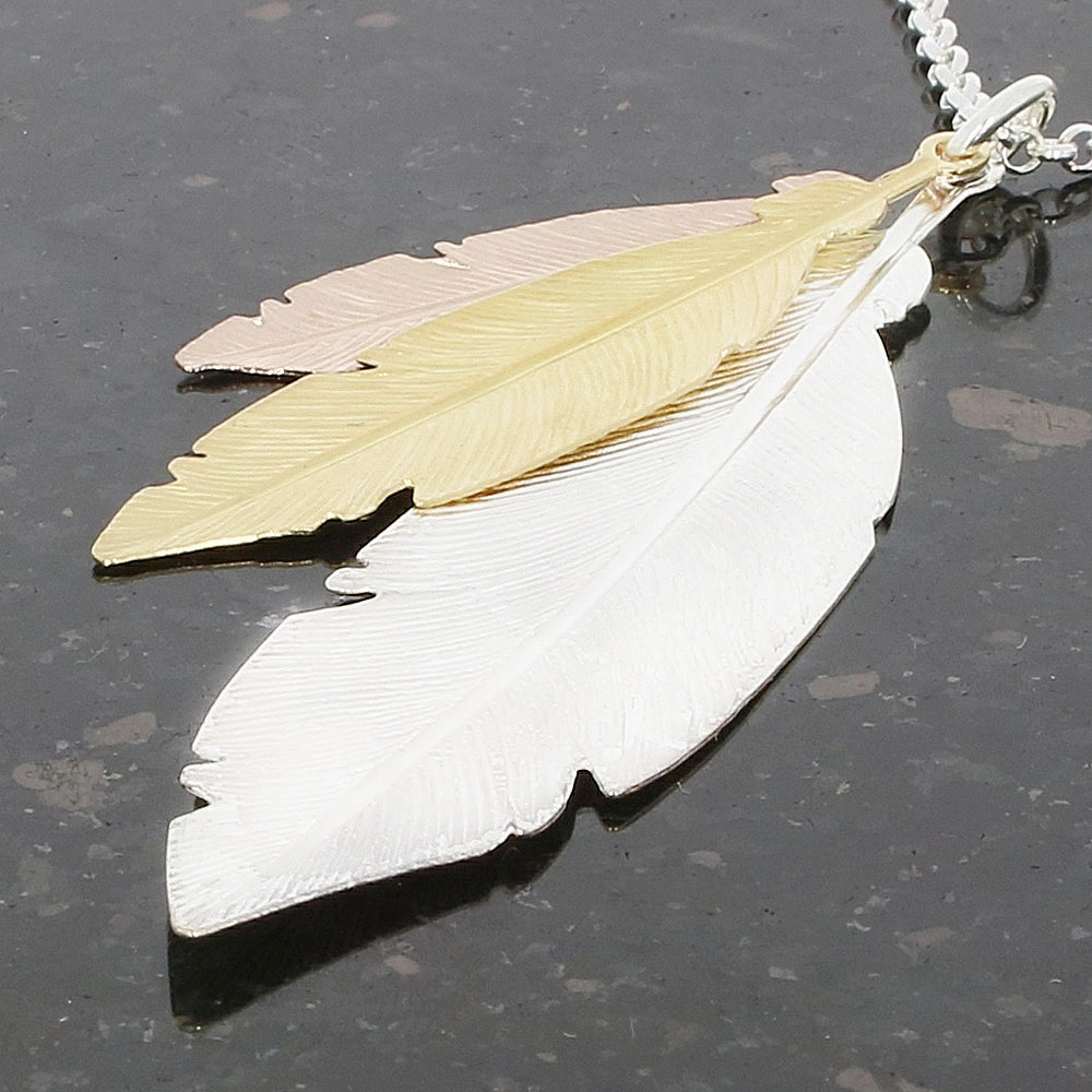 Sterling Silver Three Colour Ladies Triple Feather Necklace