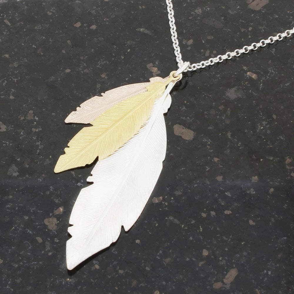 Sterling Silver Three Colour Ladies Triple Feather Necklace