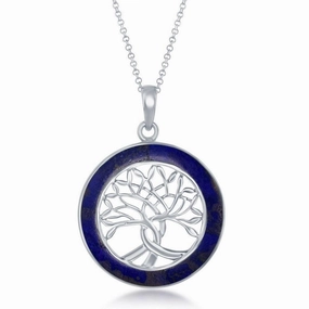 Sterling Silver Tree of Life Round Pendant With Chain - Lapis