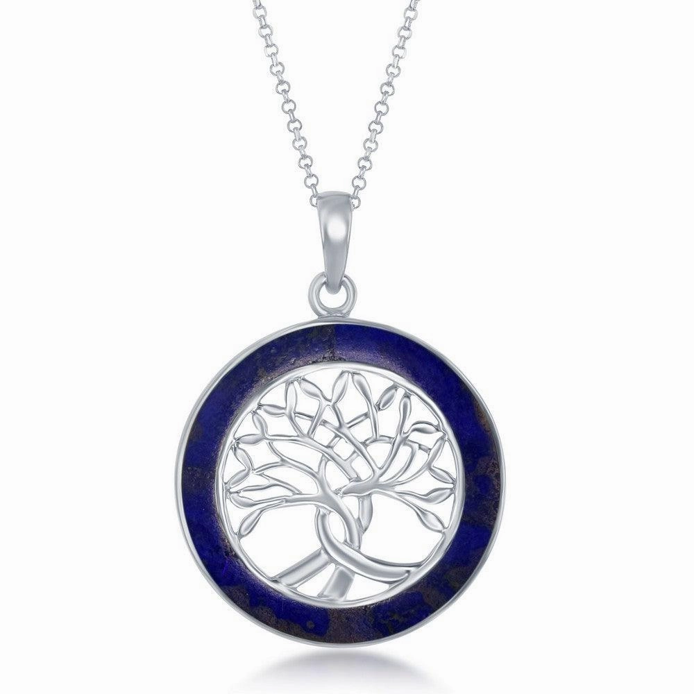 Sterling Silver Tree of Life Round Pendant With Chain - Lapis