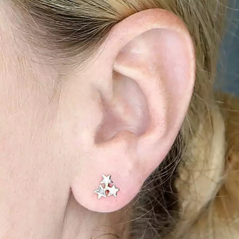 Sterling Silver Triple Star Stud Earrings