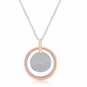 Sterling Silver TT Micro Pave Disc Rose GP Circle Necklace
