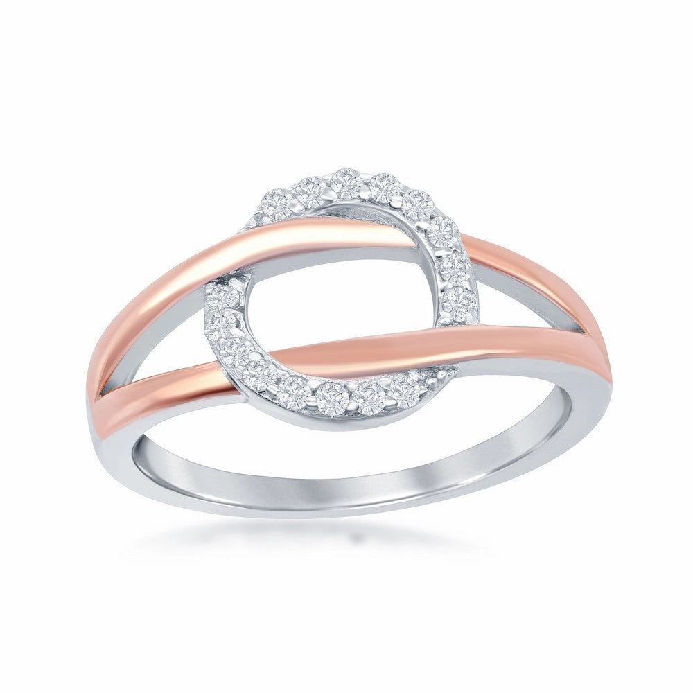 Sterling Silver TT Rose GP Band Micro Pave Circle Ring - W-2036