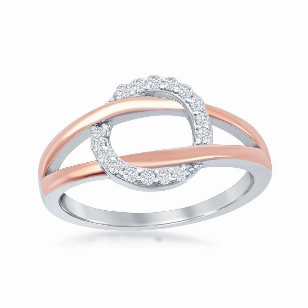 Sterling Silver TT Rose GP Band Micro Pave Circle Ring - W-2036