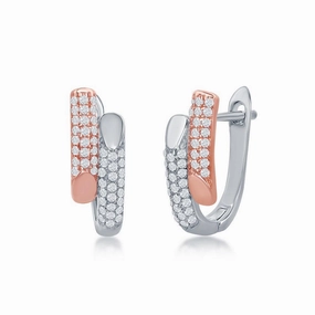 Sterling Silver Two Tone Micro Pave Bottom Flat Bar Earrings