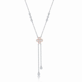 Sterling Silver Two-Tone Rose Gold Plated CZ Flower with Bezel-Set CZ Lariat Necklace