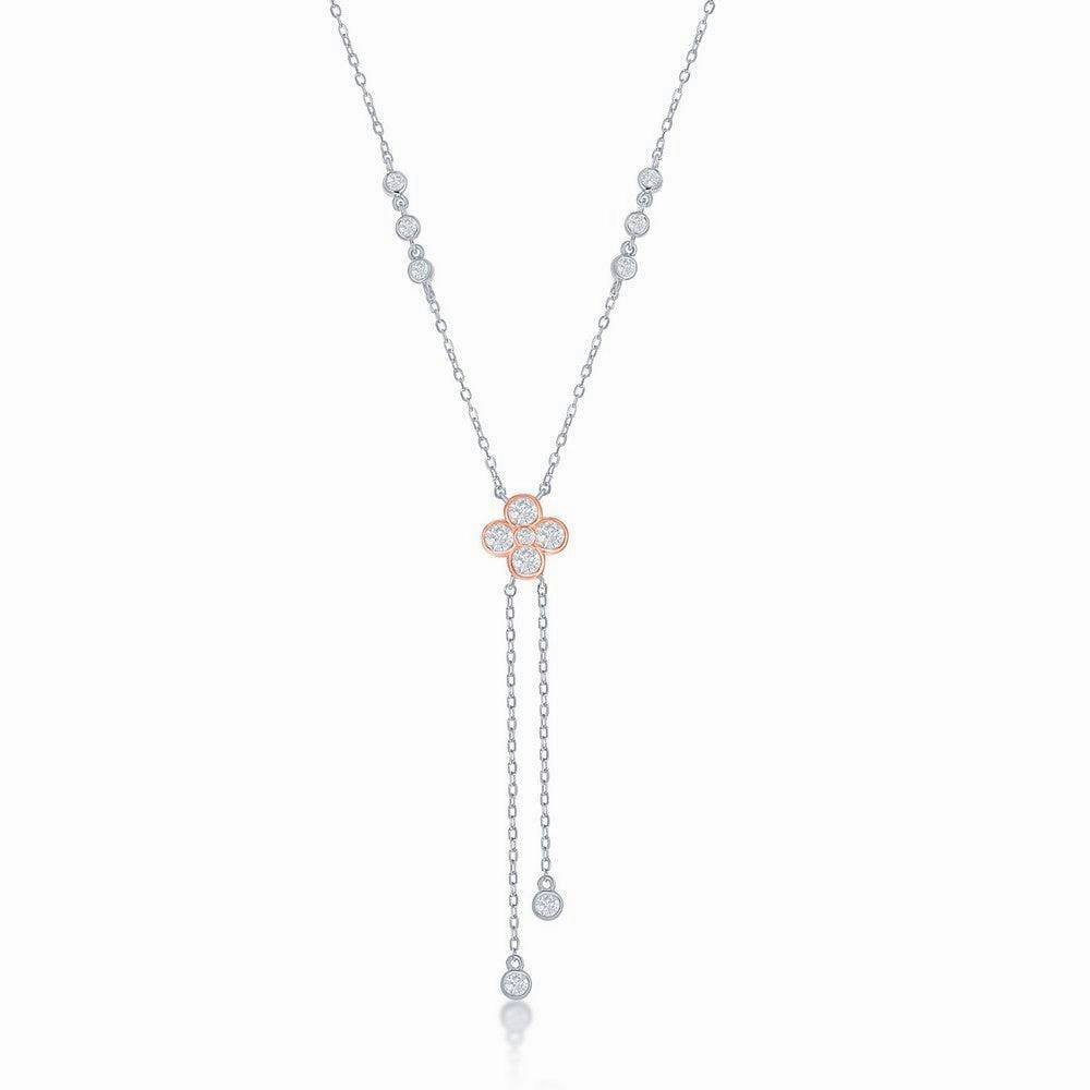 Sterling Silver Two-Tone Rose Gold Plated CZ Flower with Bezel-Set CZ Lariat Necklace