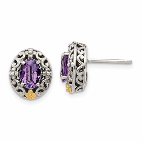 Sterling Silver w/ 14K Accent Amethyst Post Earrings