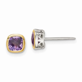 Sterling Silver w/ 14K Accent Amethyst Square Stud Earrings