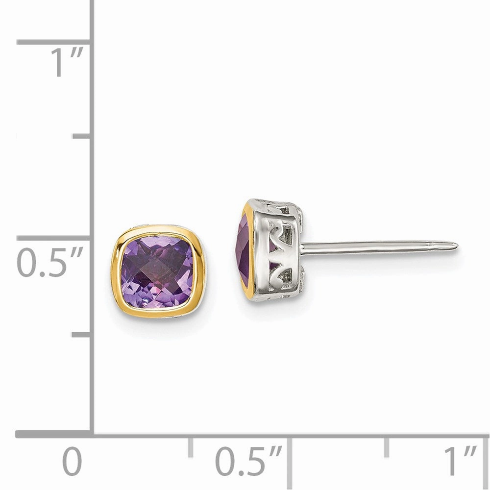 Sterling Silver w/ 14K Accent Amethyst Square Stud Earrings