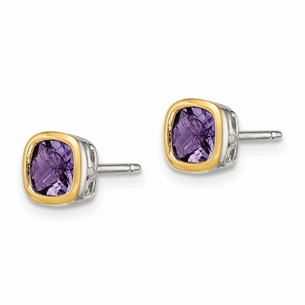 Sterling Silver w/ 14K Accent Amethyst Square Stud Earrings