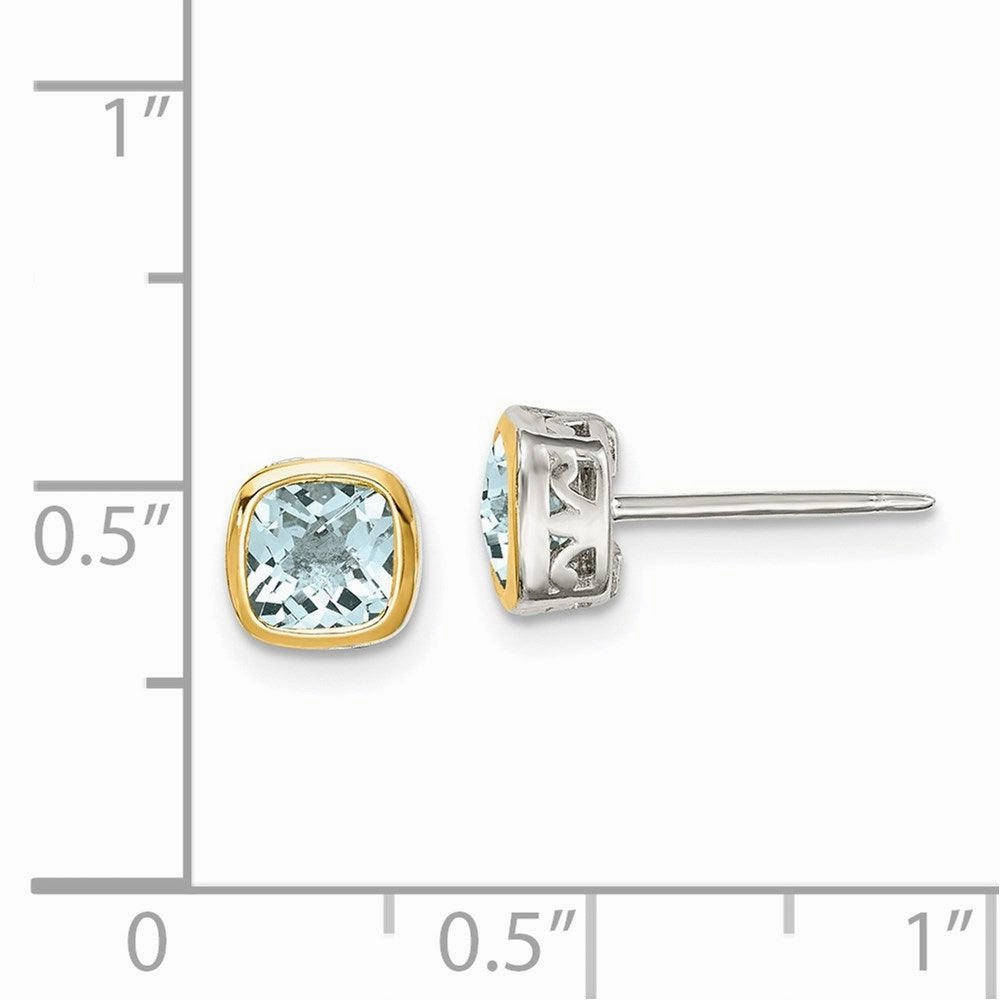 Sterling Silver w/ 14K Accent Aquamarine Square Stud Earrings