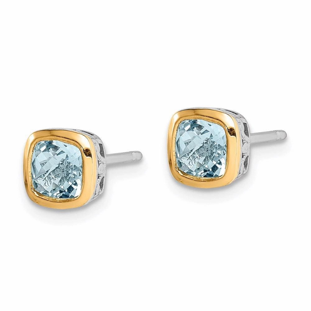 Sterling Silver w/ 14K Accent Aquamarine Square Stud Earrings
