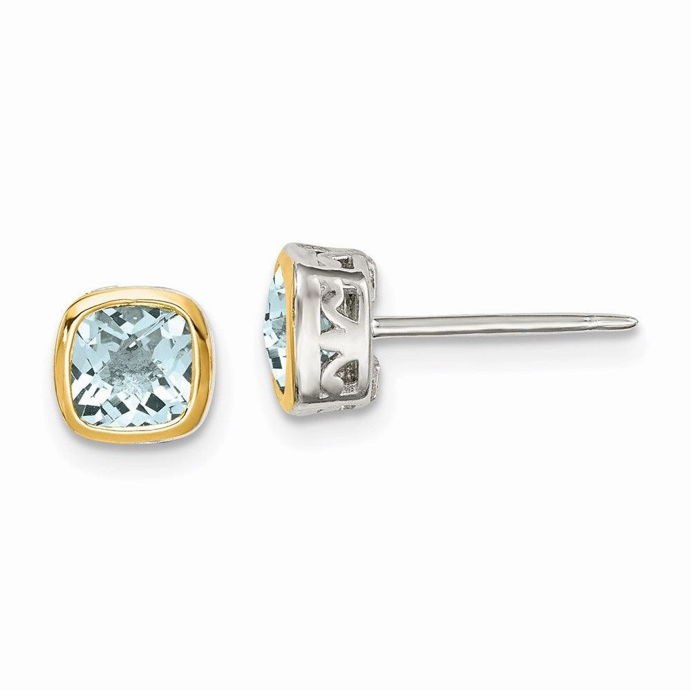 Sterling Silver w/ 14K Accent Aquamarine Square Stud Earrings