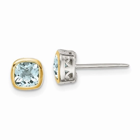 Sterling Silver w/ 14K Accent Aquamarine Square Stud Earrings
