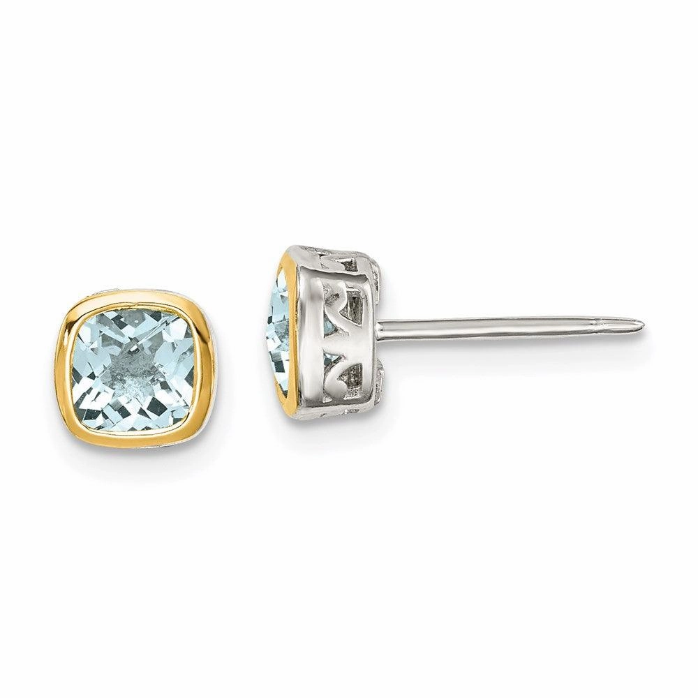 Sterling Silver w/ 14K Accent Aquamarine Square Stud Earrings