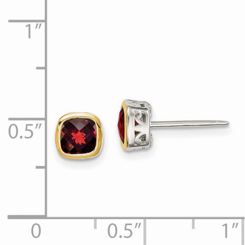 Sterling Silver w/ 14K Accent Garnet Square Stud Earrings