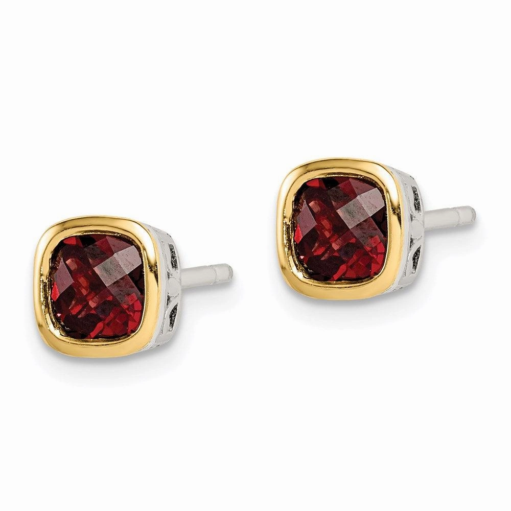 Sterling Silver w/ 14K Accent Garnet Square Stud Earrings