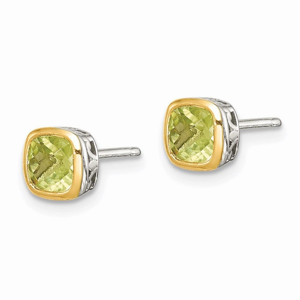 Sterling Silver w/ 14K Accent Peridot Square Stud Earrings