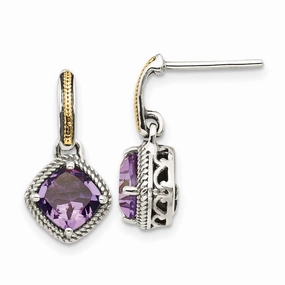 Sterling Silver w/14k Antiqued Amethyst Post Dangle Earrings