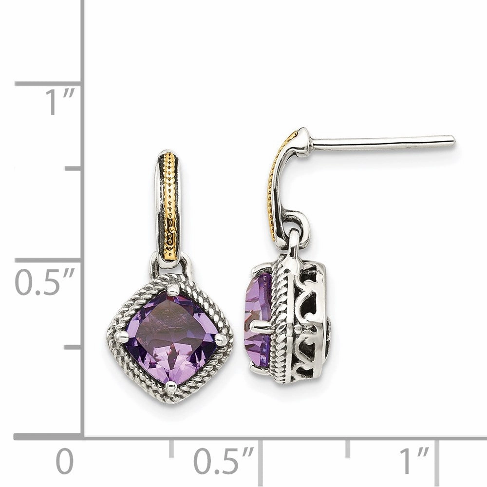 Sterling Silver w/14k Antiqued Amethyst Post Dangle Earrings