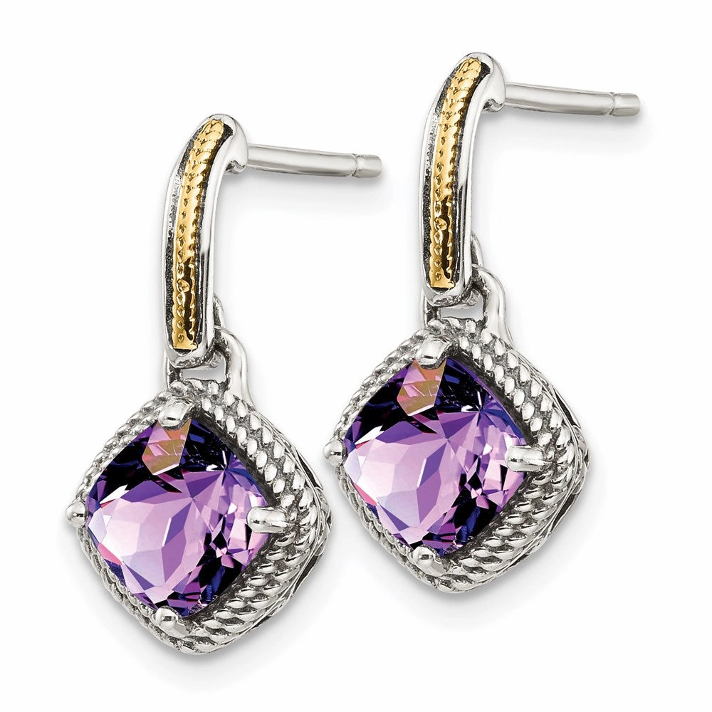 Sterling Silver w/14k Antiqued Amethyst Post Dangle Earrings