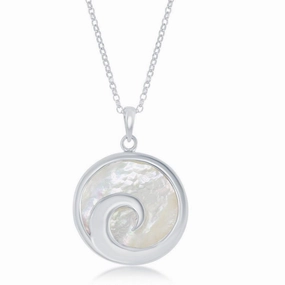 Sterling Silver Wave Design Round MOP Pendant Chain