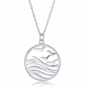 Sterling Silver Waves and Birds Round Pendant