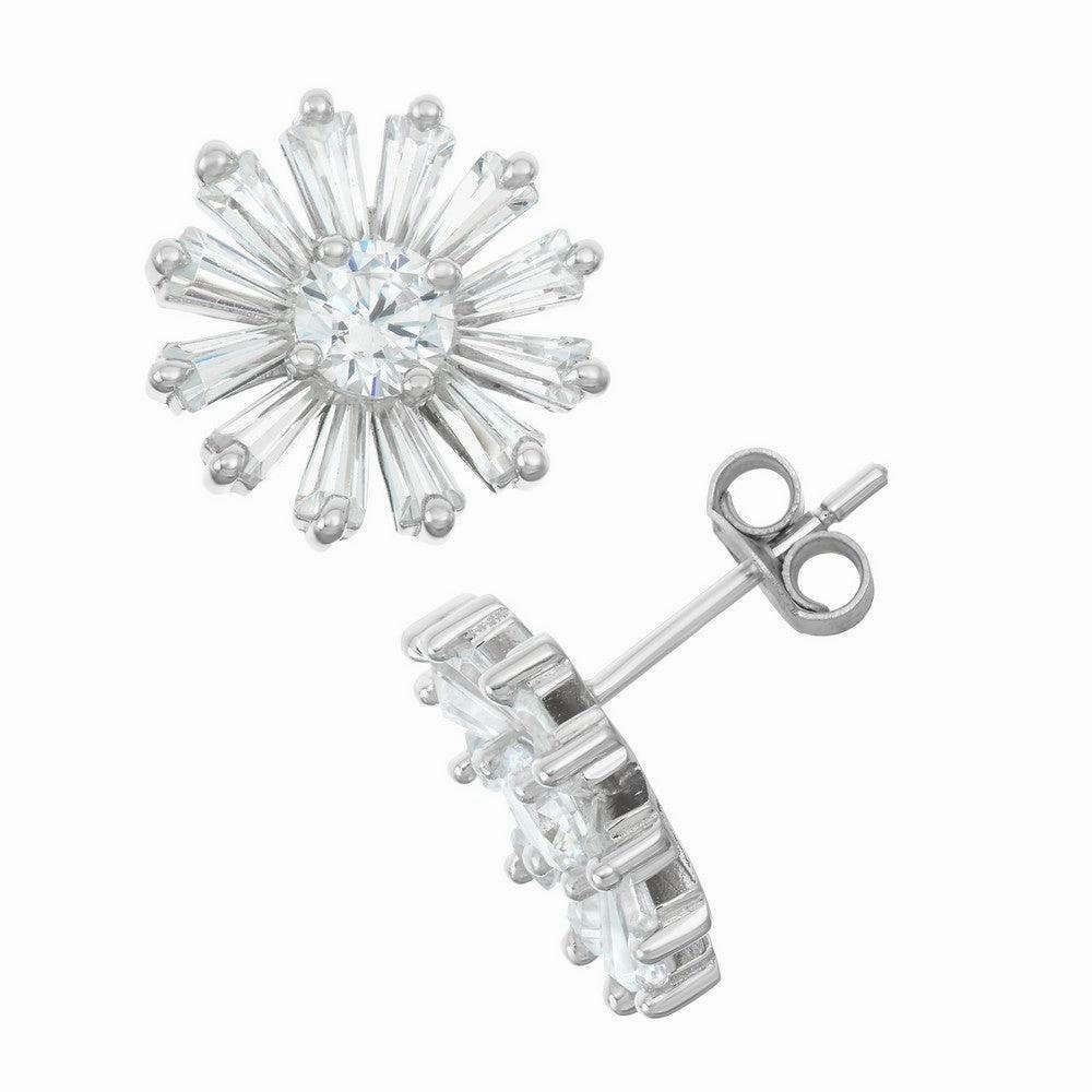 Sterling Silver White Baguette Daisy Stud Earrings