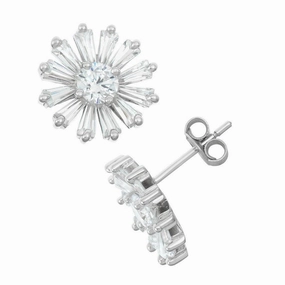 Sterling Silver White Baguette Daisy Stud Earrings